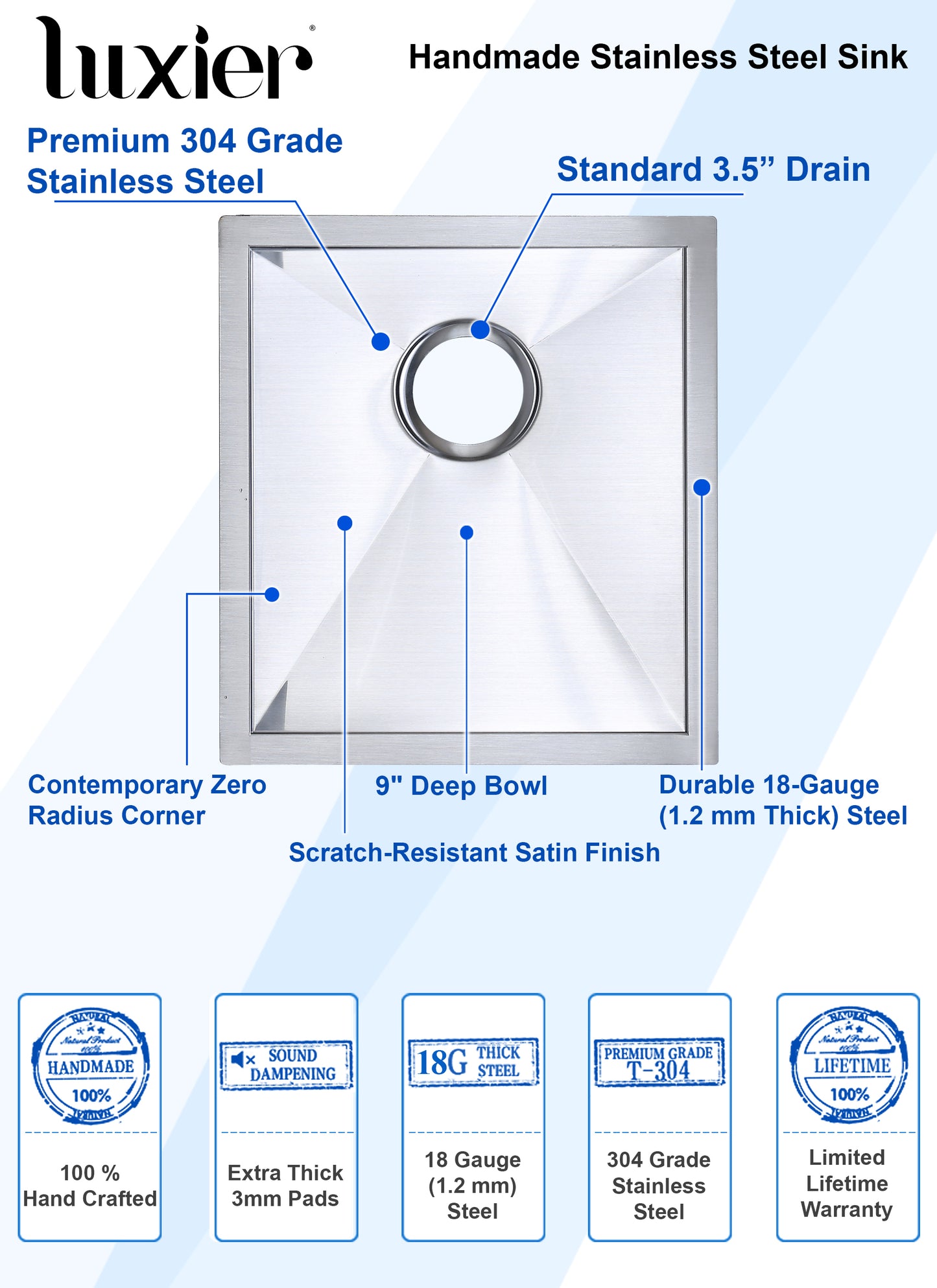 BBS16-18Z Handmade 18 Gauge Stainless Steel 16 in. Undermount Bar Sink