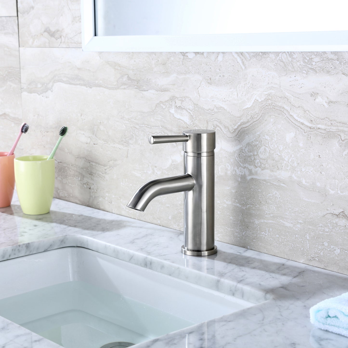 Raphral BSH03-SB Single Hole Single-Handle Bathroom Faucet with drain in Brushed Nickel