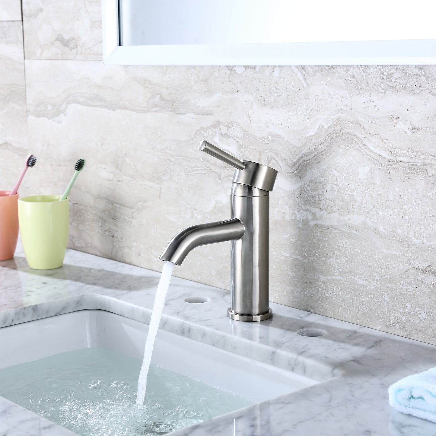 Raphral BSH03-SB Single Hole Single-Handle Bathroom Faucet with drain in Brushed Nickel