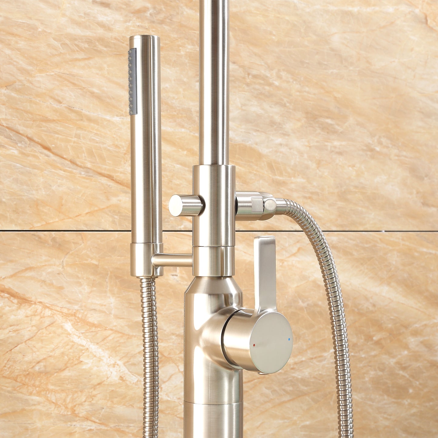 FTF01-TB Modern Freestanding Single-Handle Floor-Mount Roman Tub Faucet Filler with Hand Shower in Brushed Nickel