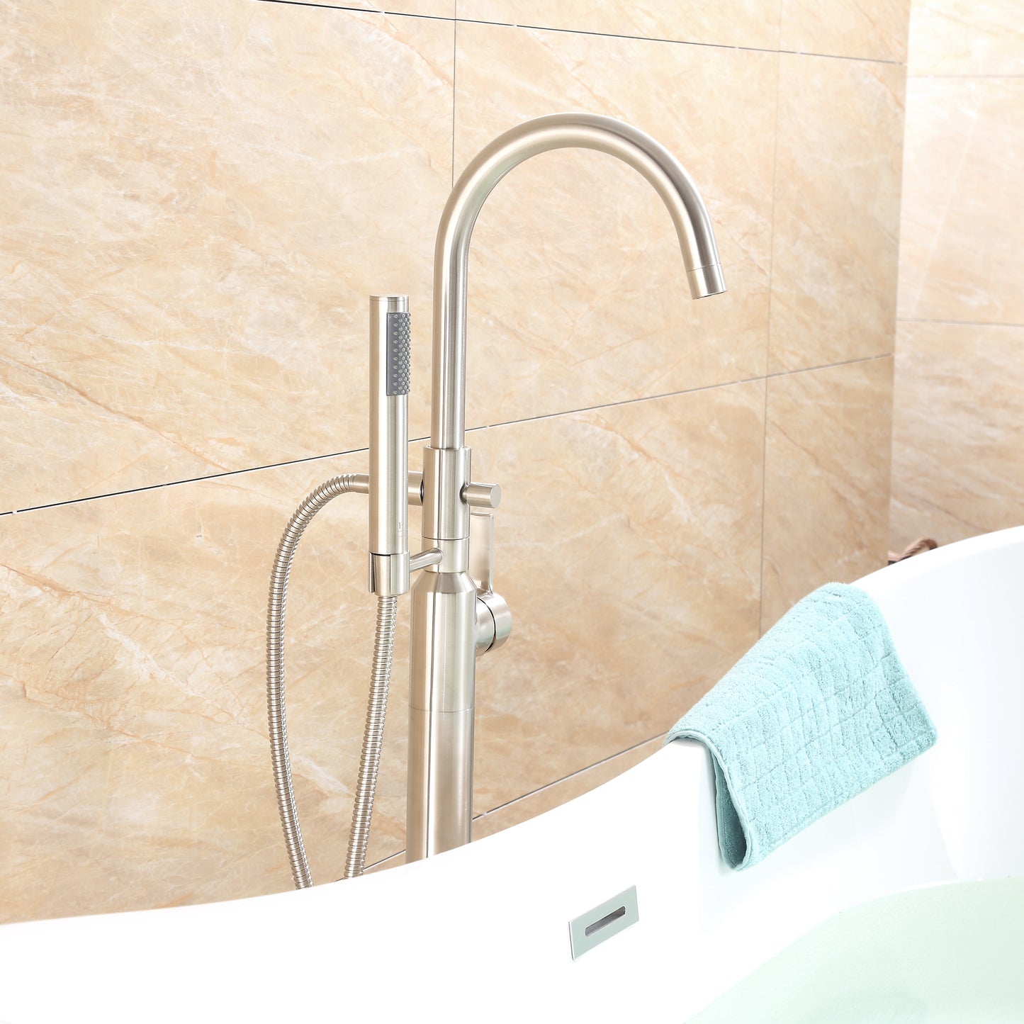 FTF01-TB Modern Freestanding Single-Handle Floor-Mount Roman Tub Faucet Filler with Hand Shower in Brushed Nickel