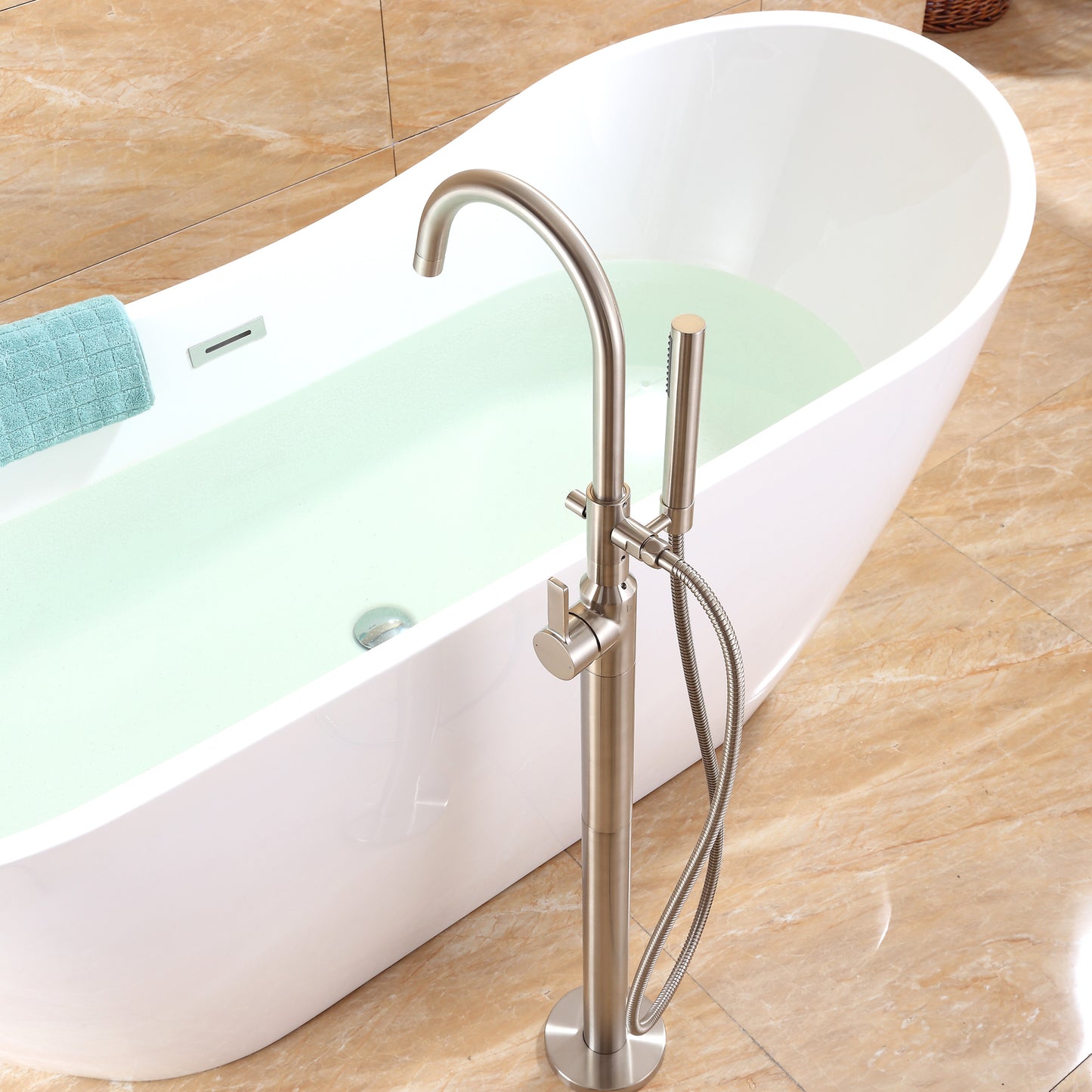 FTF01-TB Modern Freestanding Single-Handle Floor-Mount Roman Tub Faucet Filler with Hand Shower in Brushed Nickel