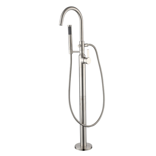 FTF01-TB Modern Freestanding Single-Handle Floor-Mount Roman Tub Faucet Filler with Hand Shower in Brushed Nickel