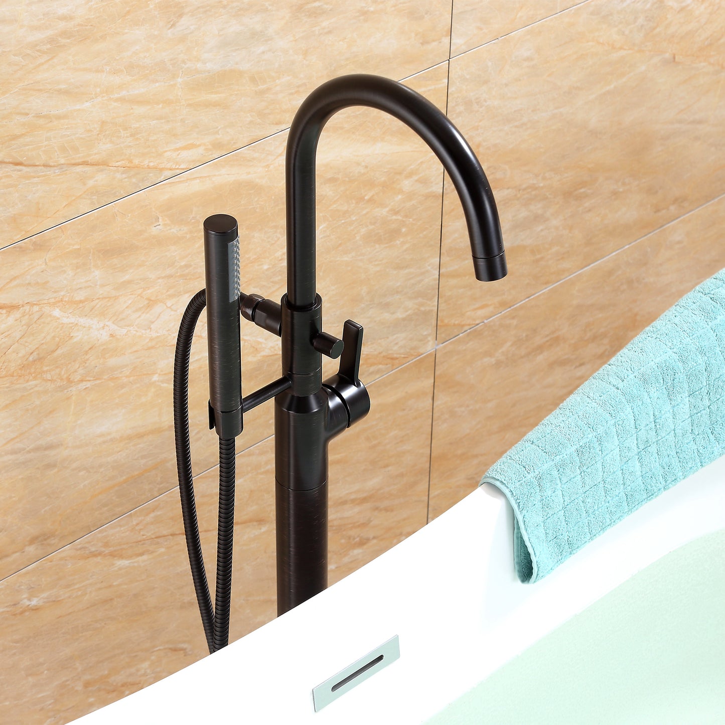 FTF01-TO Modern Freestanding Single-Handle Floor-Mount Roman Tub Faucet Filler with Hand Shower in Oil Rubbed Bronze