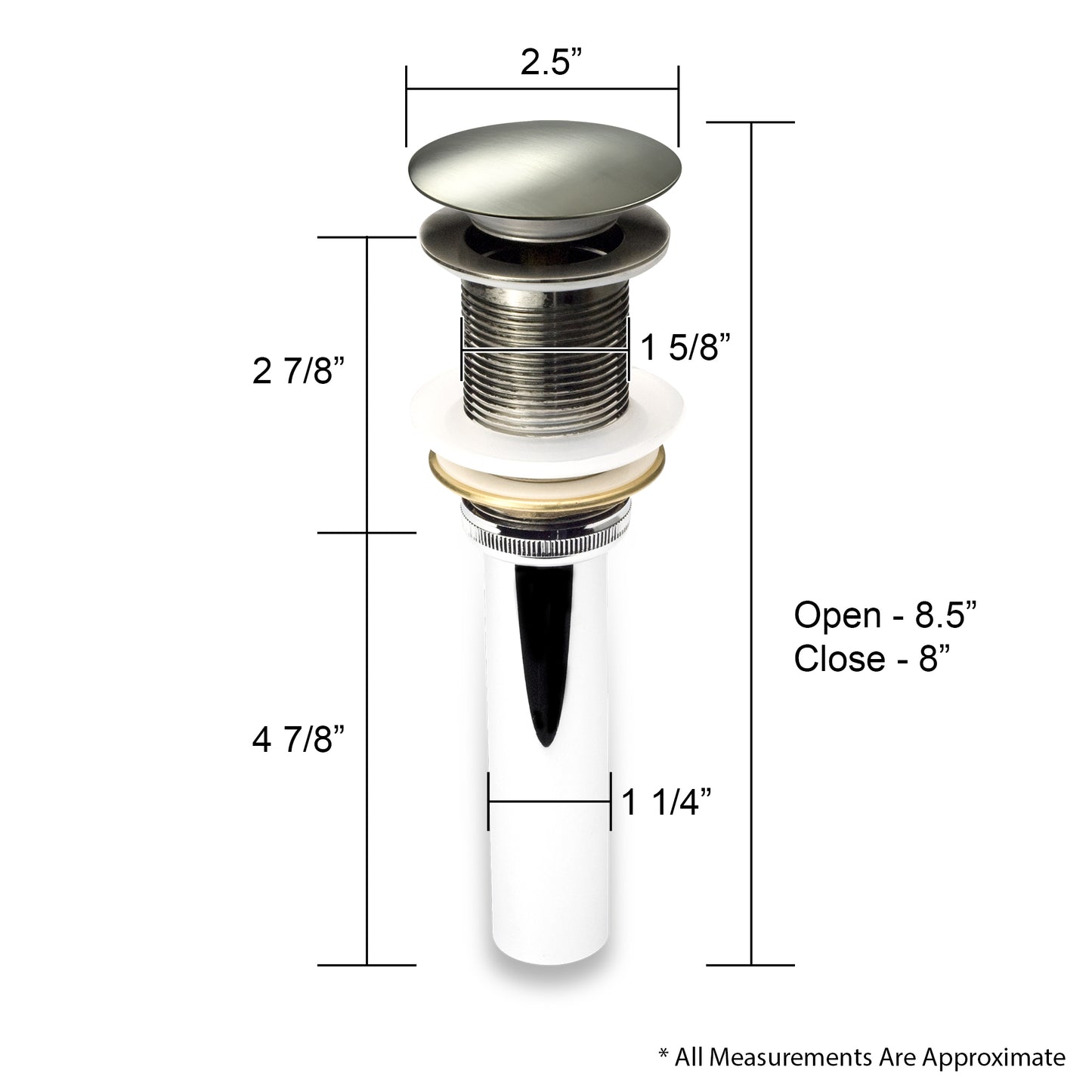 DS01-TB 1-5/8 in. Brass Bathroom and Vessel Sink Push Pop-Up Drain Stopper with No Overflow in Brushed Nickel