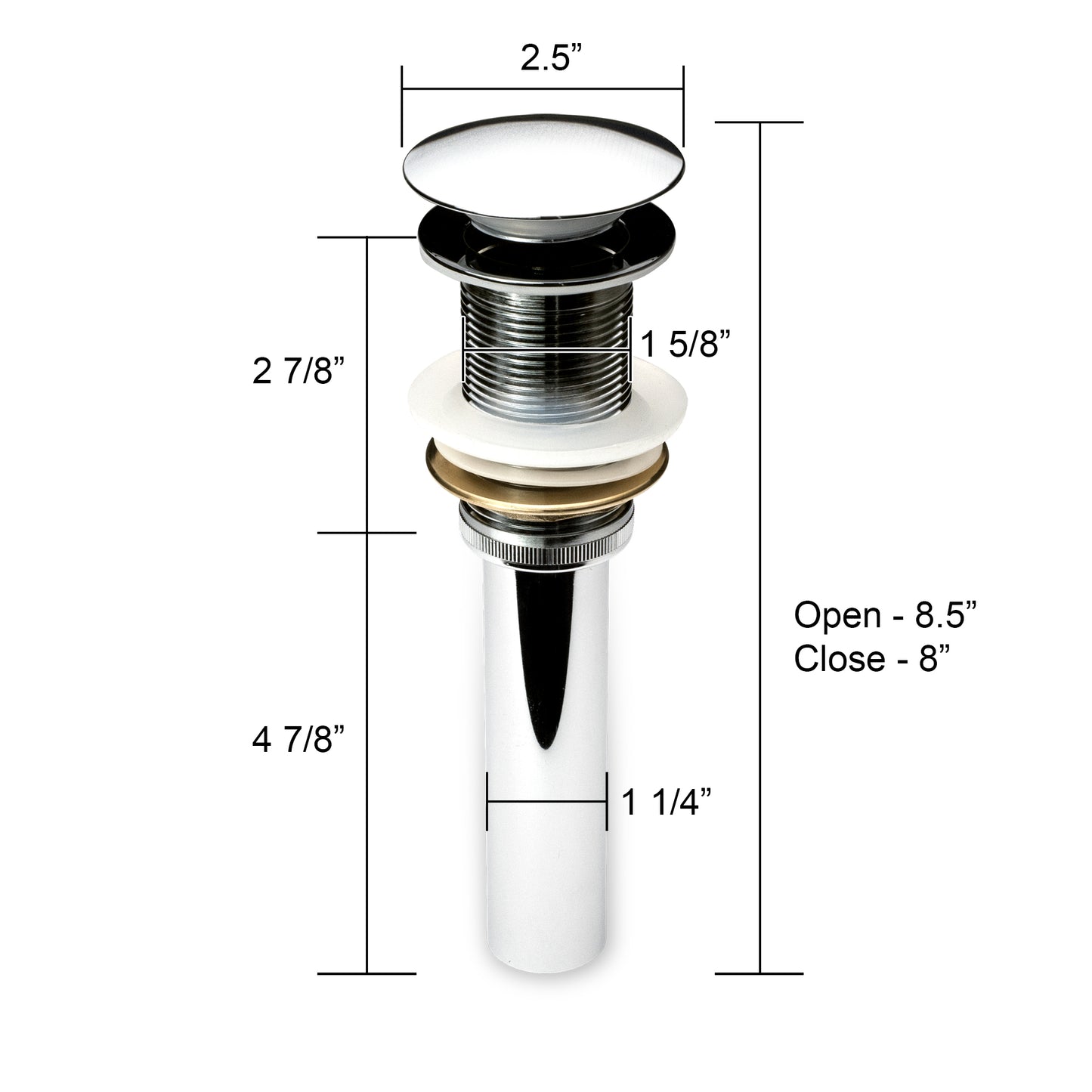 DS01-TC 1-5/8 in. Brass Bathroom and Vessel Sink Push Pop-Up Drain Stopper with No Overflow in Chrome