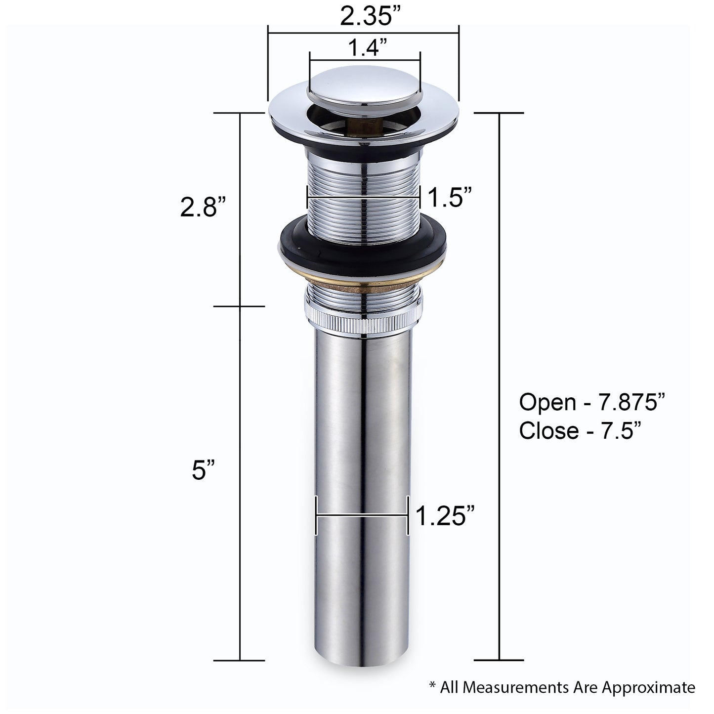 DS03-TC 1-1/2 in. Brass Bathroom and Vessel Sink Push Pop-Up Drain Stopper with No Overflow in Chrome