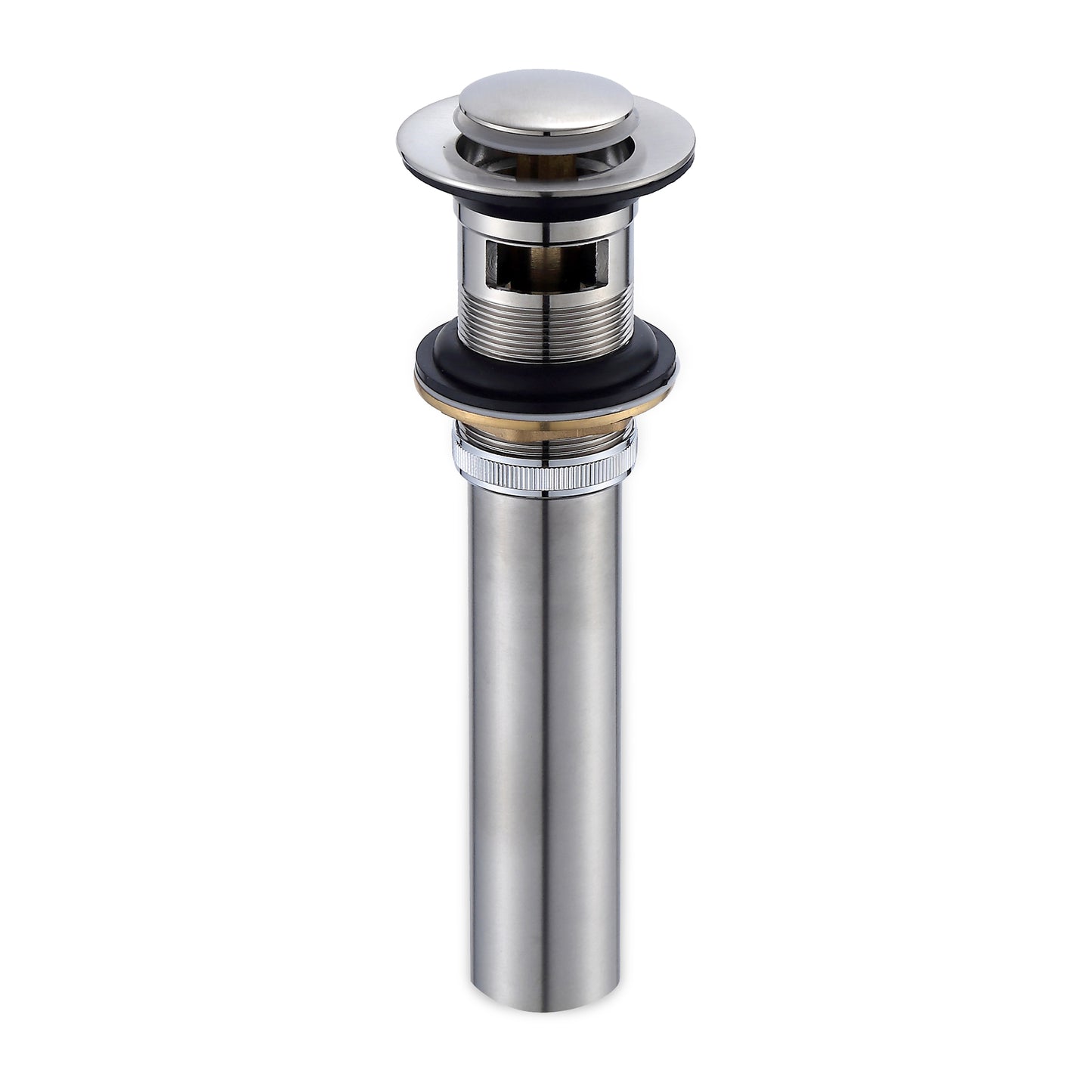 DS04-TB 1-1/2 in. Brass Bathroom and Vessel Sink Push Pop-Up Drain Stopper With Overflow in Brushed Nickel