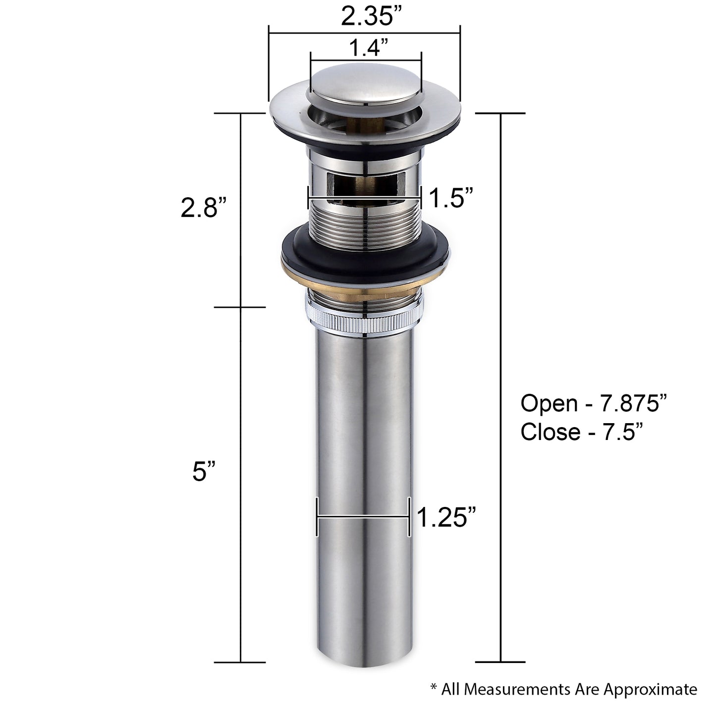 DS04-TB 1-1/2 in. Brass Bathroom and Vessel Sink Push Pop-Up Drain Stopper With Overflow in Brushed Nickel