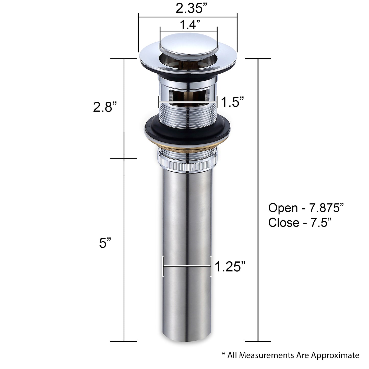 DS04-TC 1-1/2 in. Brass Bathroom and Vessel Sink Push Pop-Up Drain Stopper With Overflow in Chrome