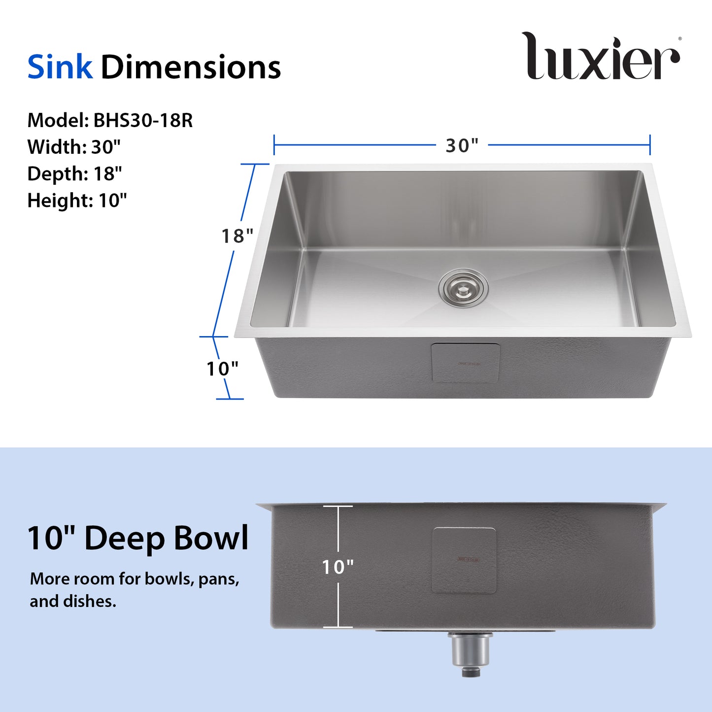 BHS30-18R 30 in. Undermount Single Bowl 18-Gauge Stainless Steel Kitchen Sink with R10