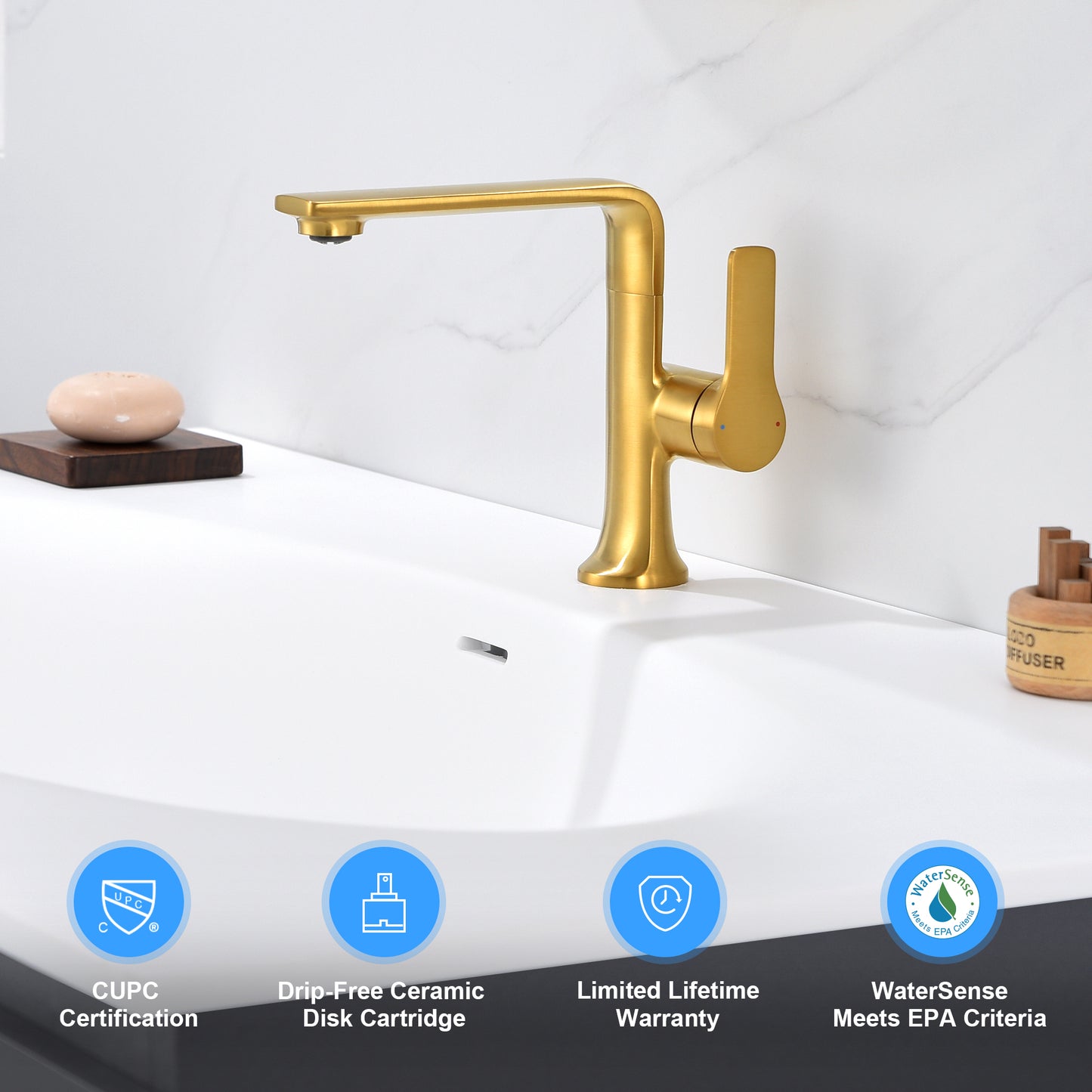 Varen BSH15-SG Single Hole Single-Handle Bathroom Faucet with drain in Brushed Gold