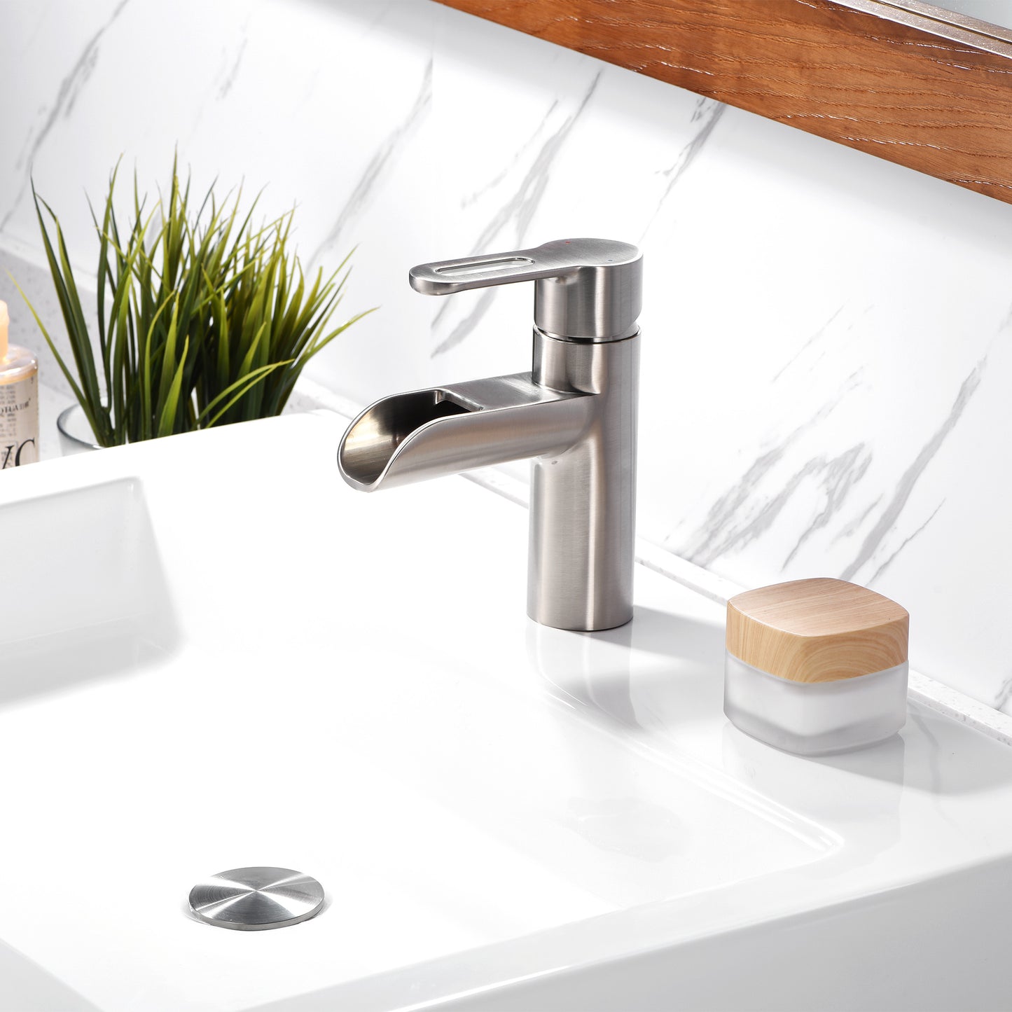 VividFall BSH16-SB Waterfall Single Hole Single Handle Bathroom Vessel Sink Faucet with Drain in Brushed Nickel