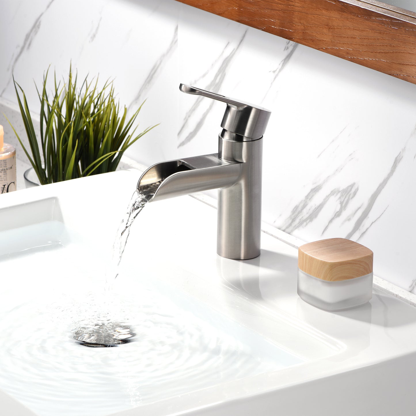 VividFall BSH16-SB Waterfall Single Hole Single Handle Bathroom Vessel Sink Faucet with Drain in Brushed Nickel