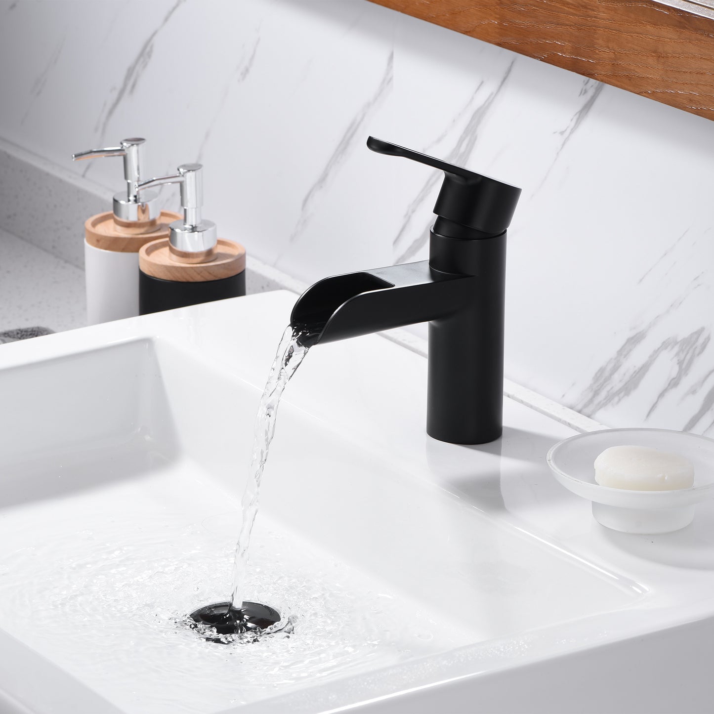 VividFall BSH16-SM Waterfall Single Hole Single Handle Bathroom Vessel Sink Faucet with Drain in Matte Black
