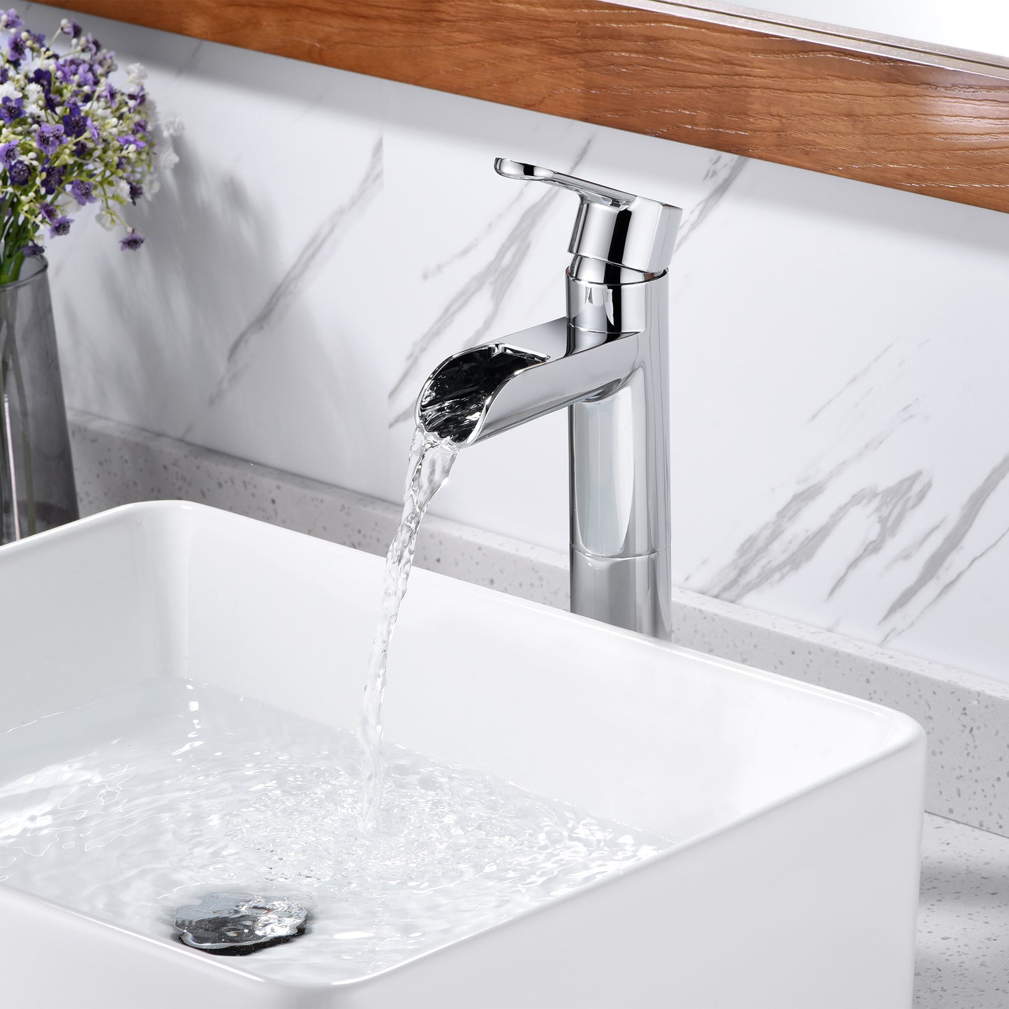 VividFall BSH16-TC Waterfall Single Hole Single Handle Bathroom Vessel Sink Faucet with Drain in Chrome