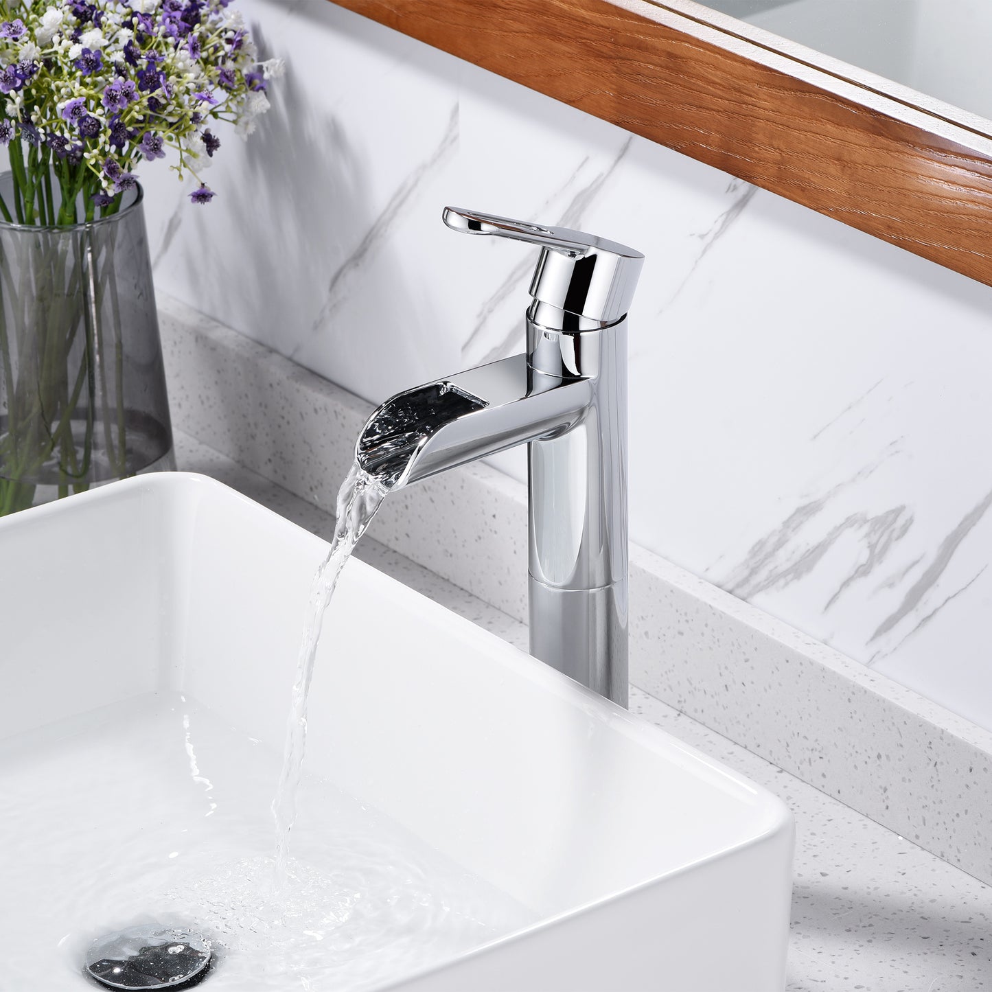VividFall BSH16-TC Waterfall Single Hole Single Handle Bathroom Vessel Sink Faucet with Drain in Chrome