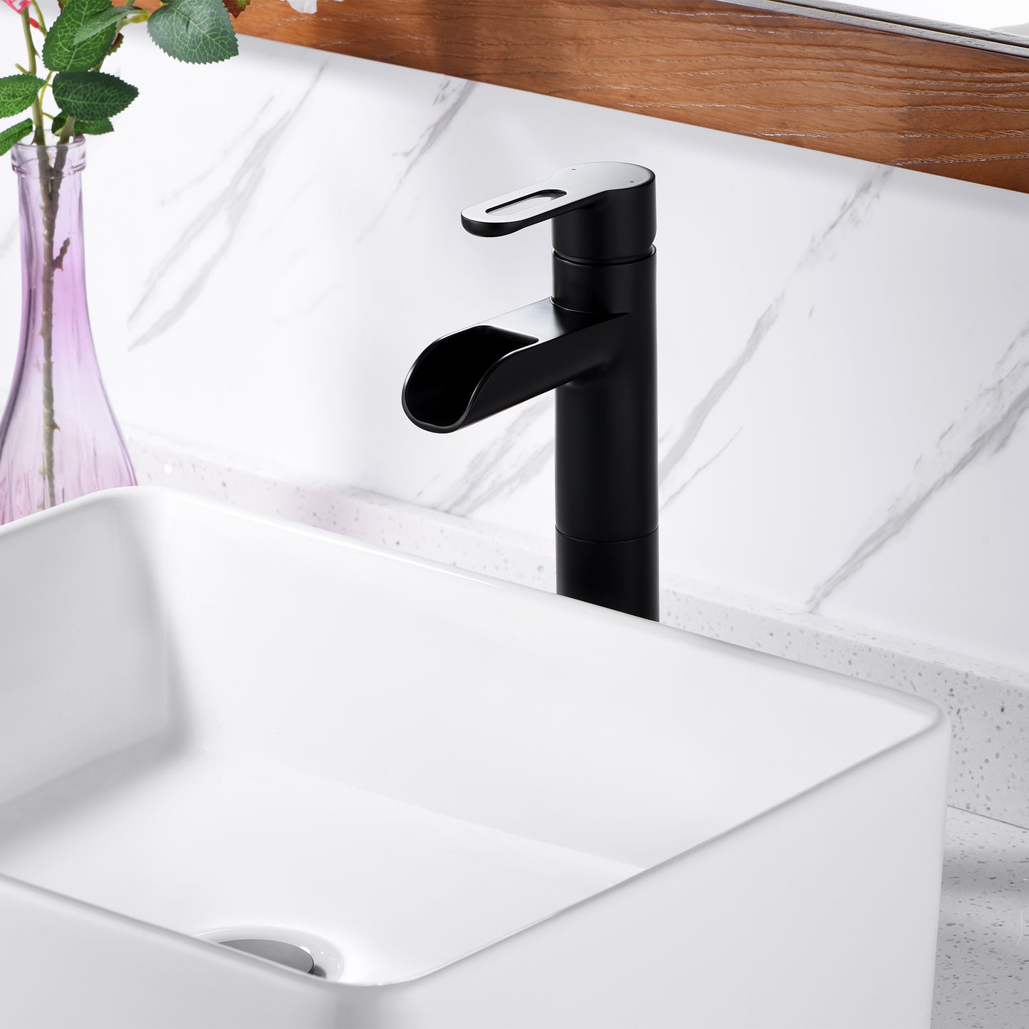 VividFall BSH16-TM Waterfall Single Hole Single Handle Bathroom Vessel Sink Faucet with Drain in Matte Black