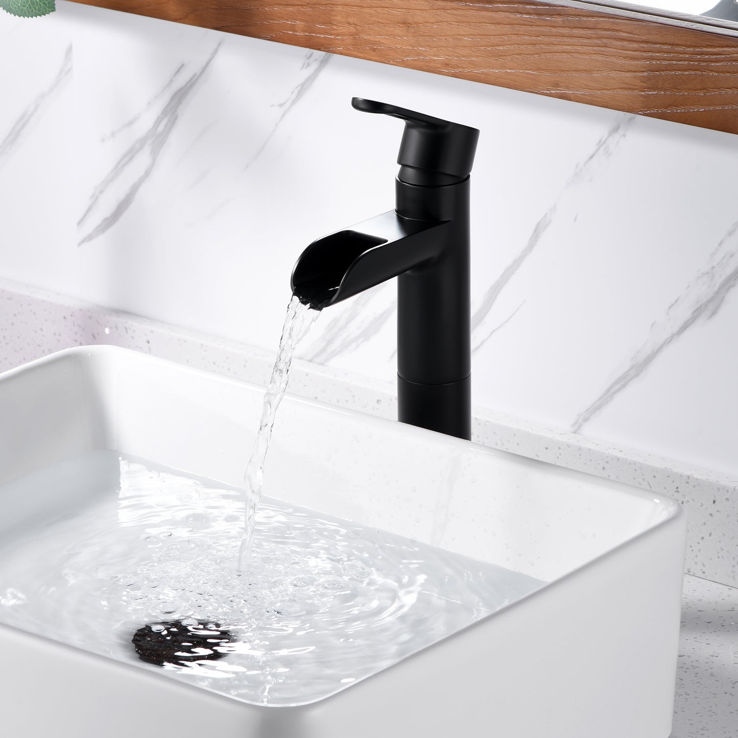 VividFall BSH16-TM Waterfall Single Hole Single Handle Bathroom Vessel Sink Faucet with Drain in Matte Black