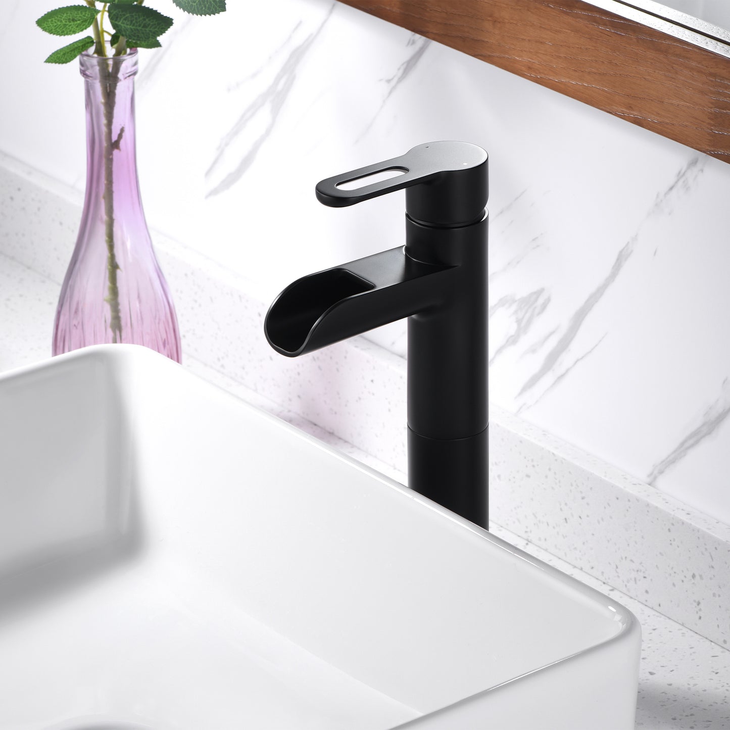 VividFall BSH16-TM Waterfall Single Hole Single Handle Bathroom Vessel Sink Faucet with Drain in Matte Black