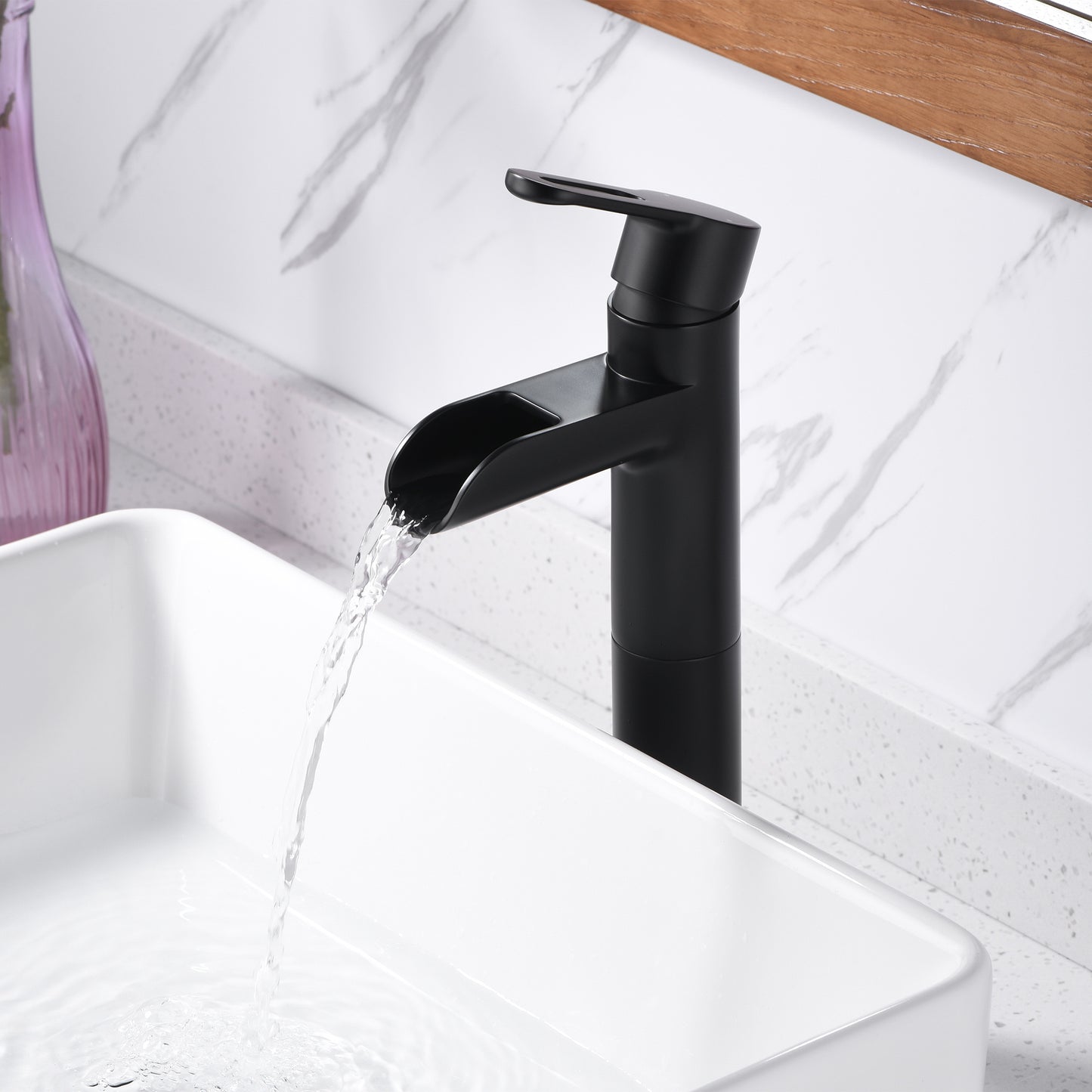 VividFall BSH16-TM Waterfall Single Hole Single Handle Bathroom Vessel Sink Faucet with Drain in Matte Black