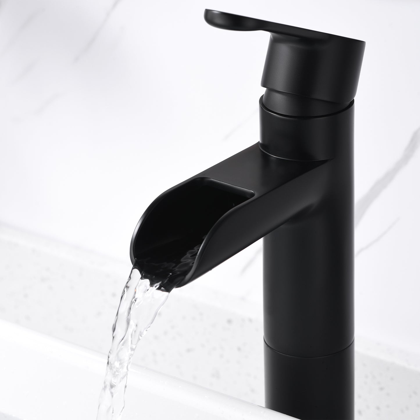 VividFall BSH16-TM Waterfall Single Hole Single Handle Bathroom Vessel Sink Faucet with Drain in Matte Black