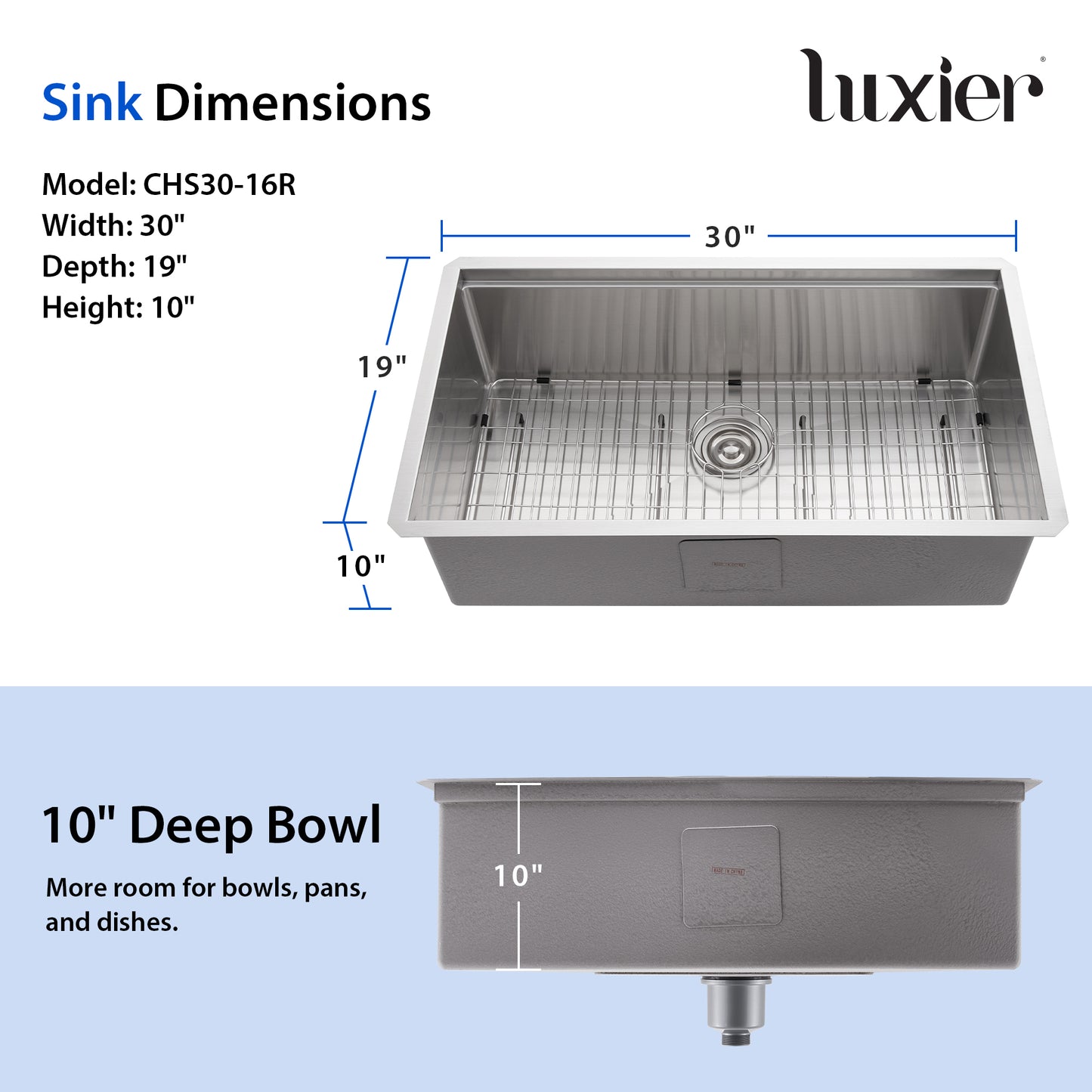 CHS30-16R 30 in. Undermount Single Bowl 16-Gauge Stainless Steel Workstation Kitchen Sink with Accessories