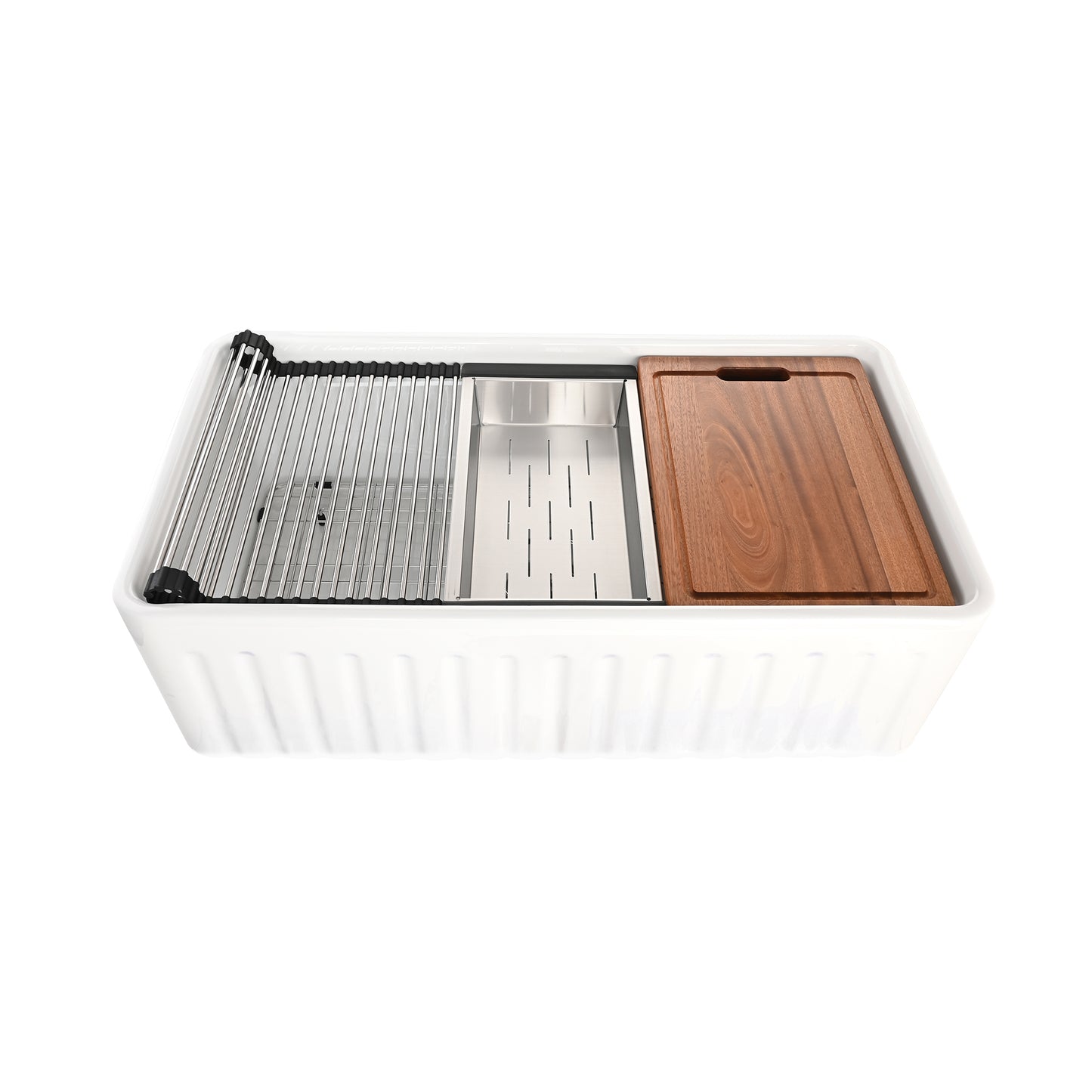 CK-002-33 33 in. Farmhouse Apron Single Bowl Ceramic Kitchen Sink Workstation with Grid, Strainer, Colander, Rack, Cutting Board