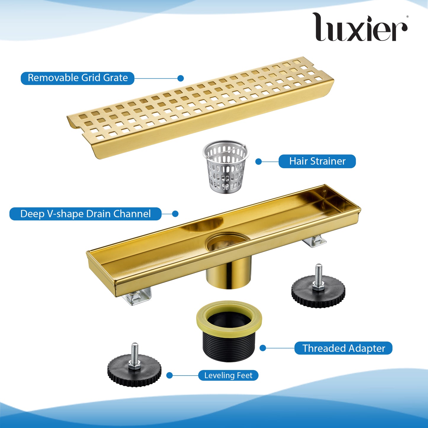 FD01-12-TG 12 in. Stainless Steel Linear Shower Drain with Square Pattern Drain Cover in Brushed Gold
