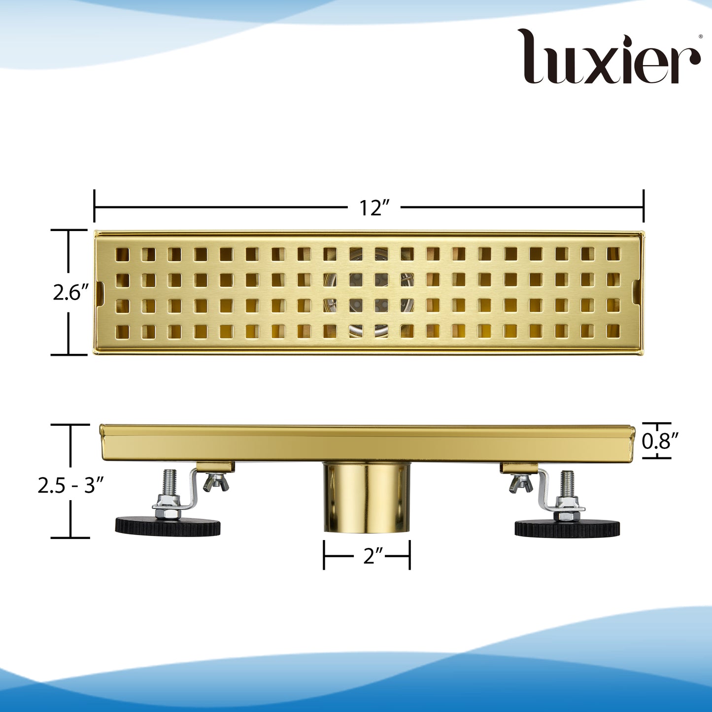 FD01-12-TG 12 in. Stainless Steel Linear Shower Drain with Square Pattern Drain Cover in Brushed Gold