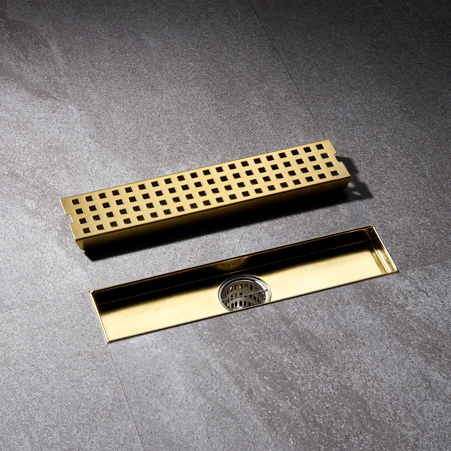 FD01-12-TG 12 in. Stainless Steel Linear Shower Drain with Square Pattern Drain Cover in Brushed Gold