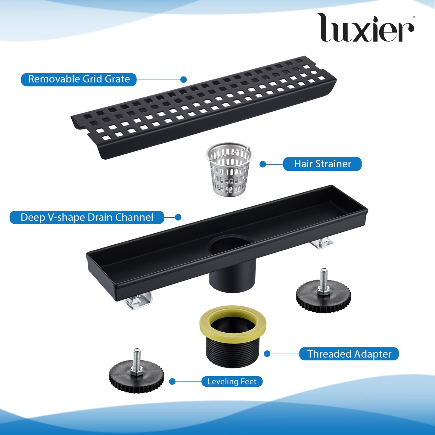 FD01-12-TM 12 in. Stainless Steel Linear Shower Drain with Square Pattern Drain Cover in Matte Black