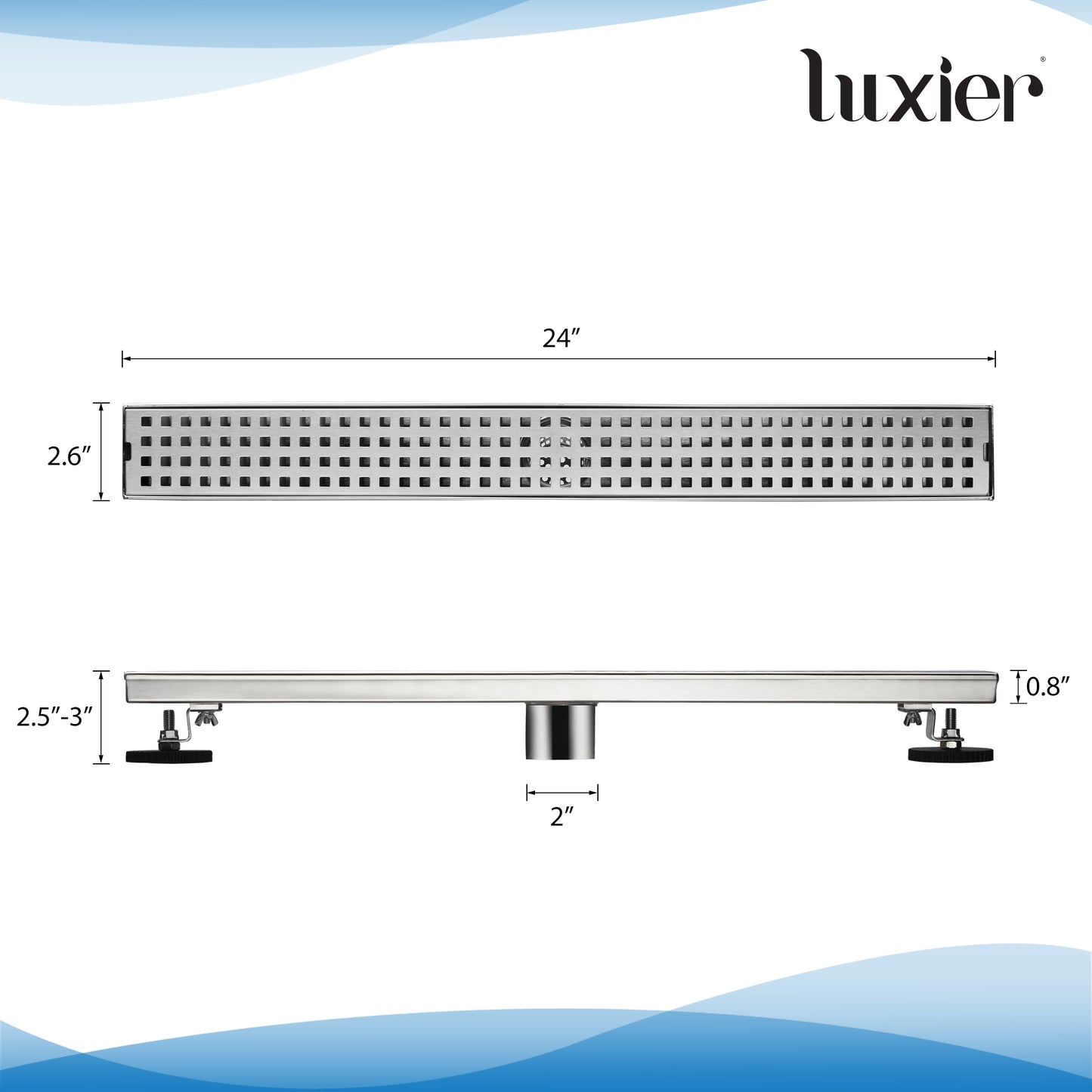 FD01-24-TB 24 in. Stainless Steel Linear Shower Drain with Square Pattern Drain Cover in Stainless Steel