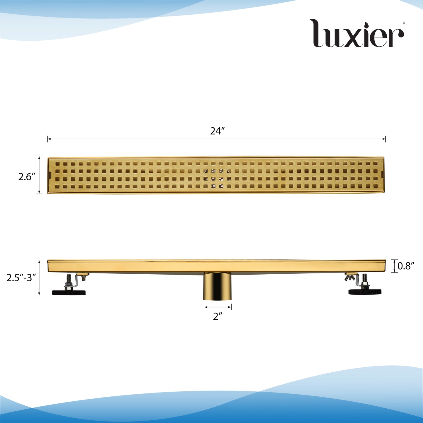 FD01-24-TG 24 in. Stainless Steel Linear Shower Drain with Square Pattern Drain Cover in Brushed Gold