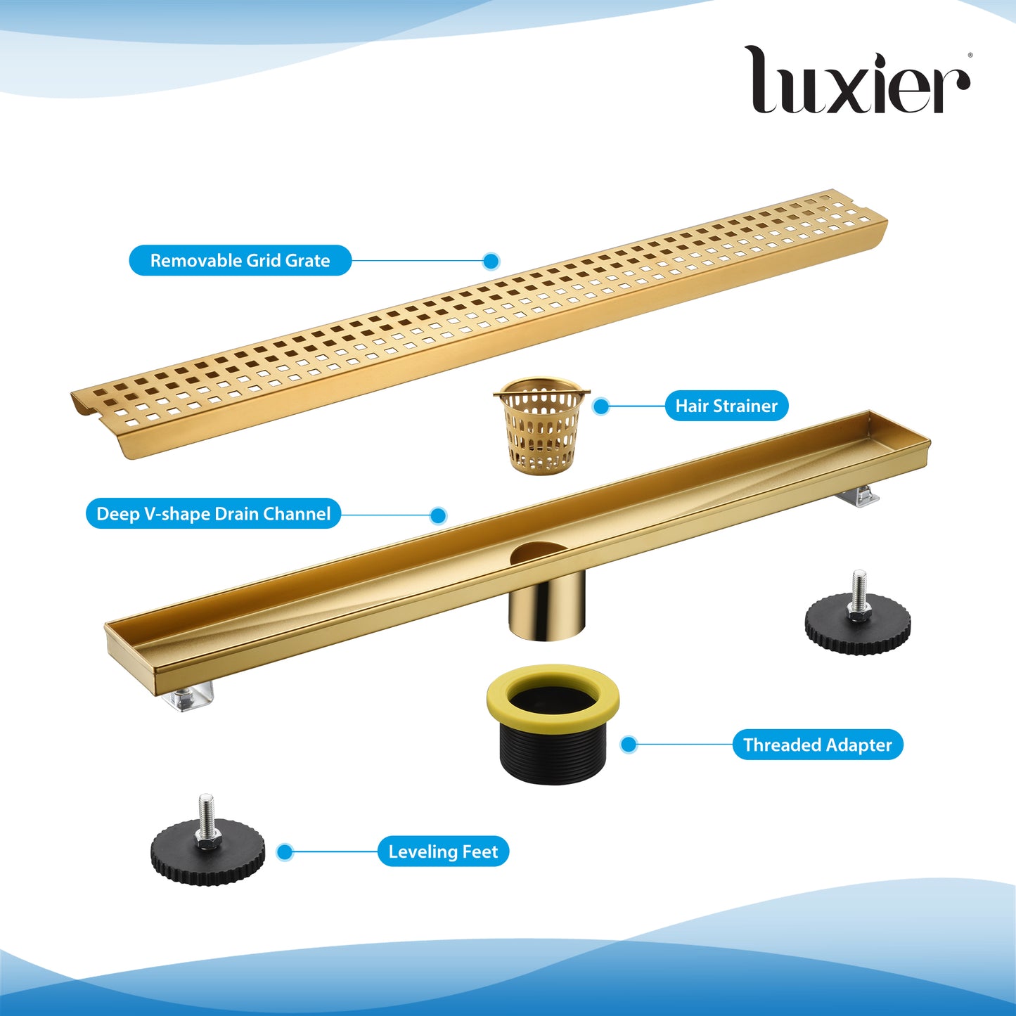 FD01-24-TG 24 in. Stainless Steel Linear Shower Drain with Square Pattern Drain Cover in Brushed Gold