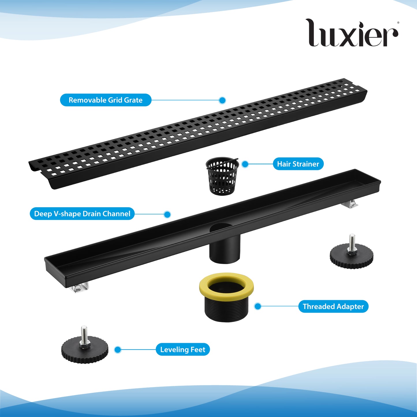 FD01-24-TM 24 in. Stainless Steel Linear Shower Drain with Square Pattern Drain Cover in Matte Black