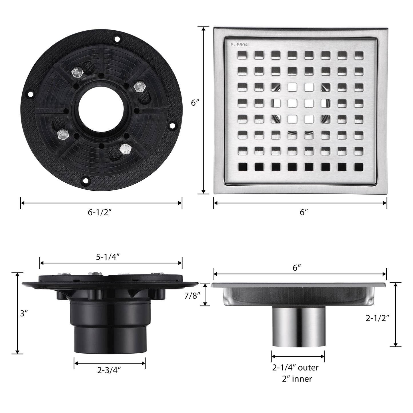 FD01-6-TB 6 in. x 6 in. Stainless Steel Square Shower Drain in Stainless Steel