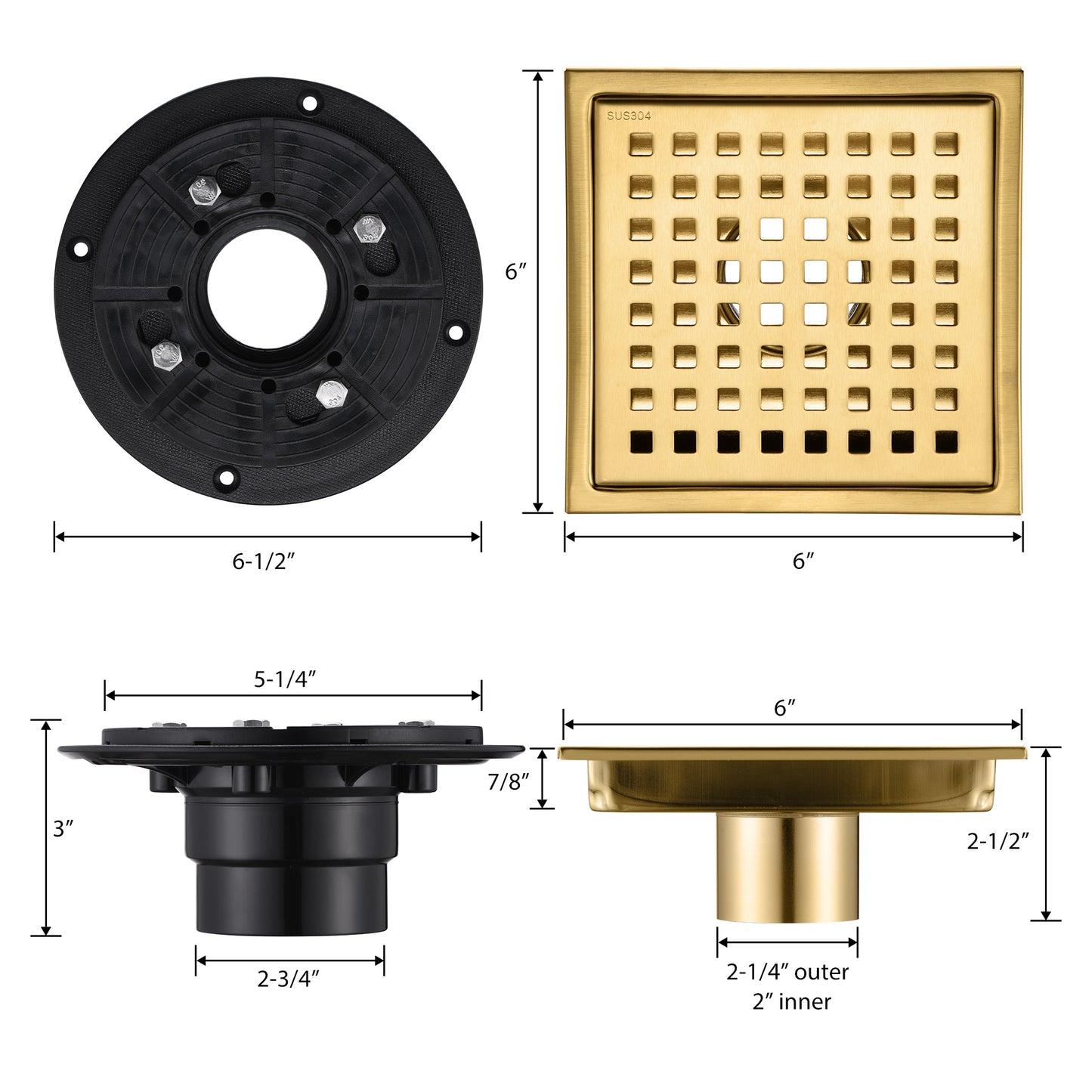 FD01-6-TG 6 in. x 6 in. Stainless Steel Square Shower Drain in Brushed Gold