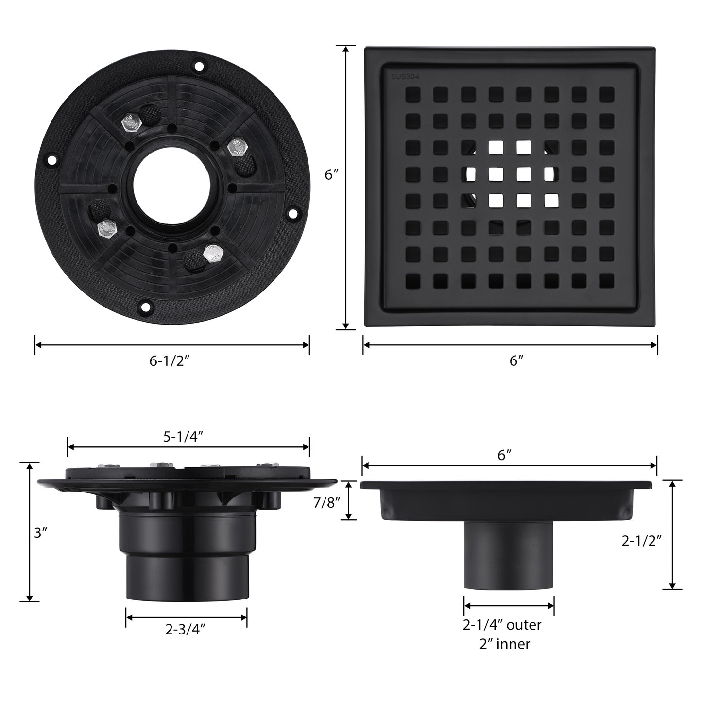 FD01-6-TM 6 in. x 6 in. Stainless Steel Square Shower Drain in Matte Black