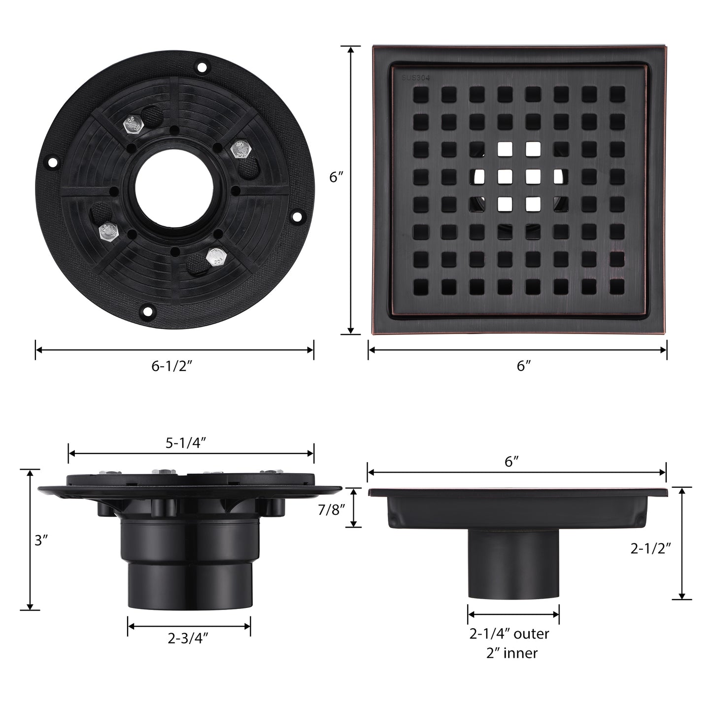 FD01-6-TO 6 in. x 6 in. Stainless Steel Square Shower Drain in Oil Rubbed Bronze