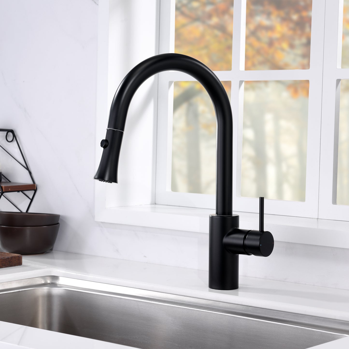 KTS11-TM Single-Handle Pull-Down Sprayer Kitchen Faucet with 2-Function Sprayhead 298 in Matte Black