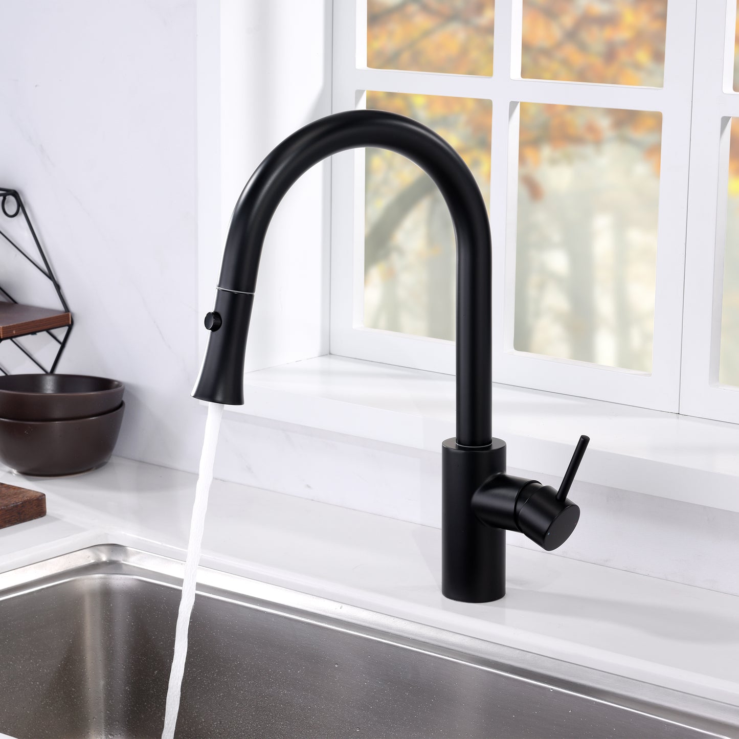KTS11-TM Single-Handle Pull-Down Sprayer Kitchen Faucet with 2-Function Sprayhead 298 in Matte Black