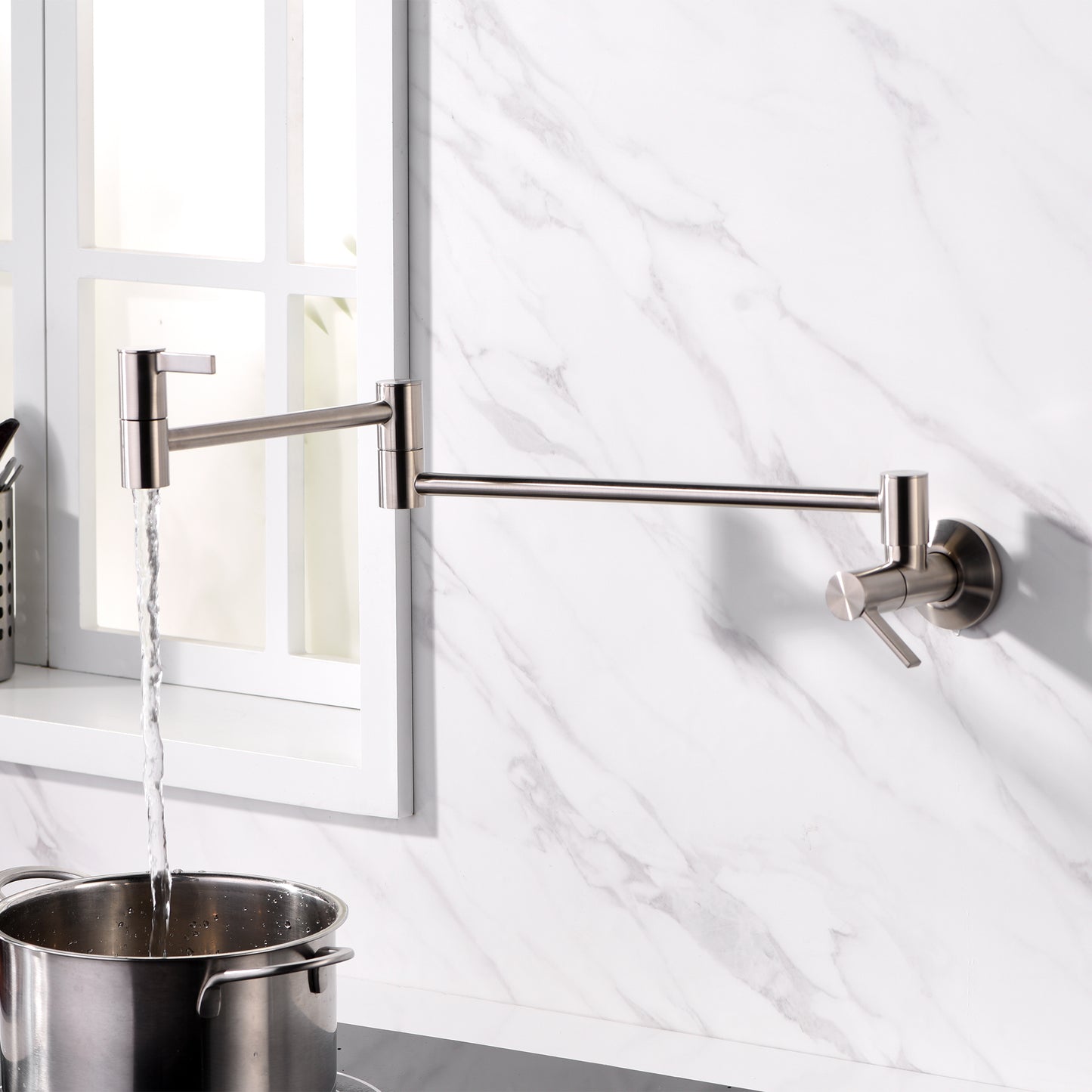 KTS17-TB Contemporary 2-Handle Wall-Mounted Pot Filler in Brushed Nickel