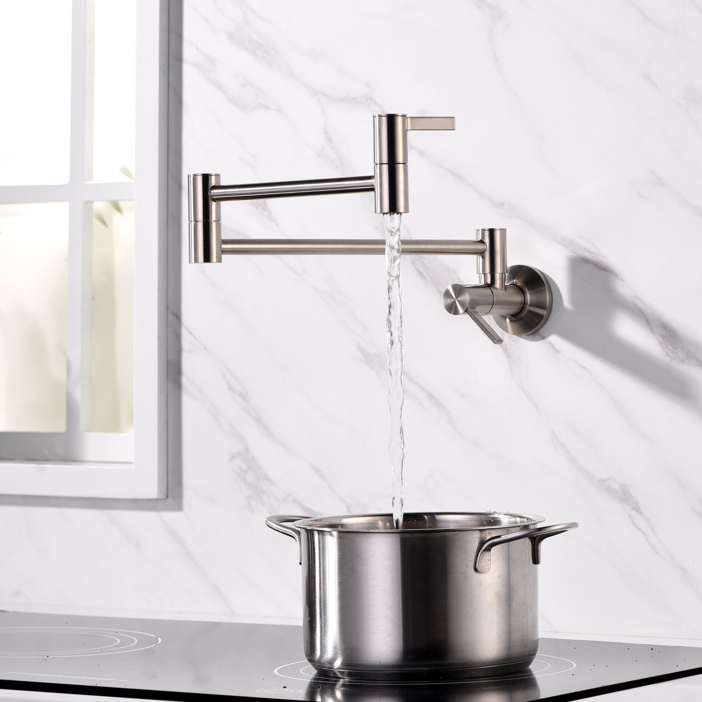 KTS17-TB Contemporary 2-Handle Wall-Mounted Pot Filler in Brushed Nickel