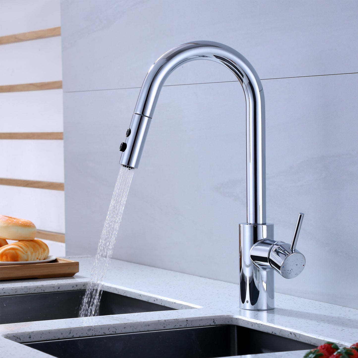 KTS21-TC Single-Handle Pull-Down Sprayer Kitchen Faucet with 2-Function Sprayhead 206 in Chrome