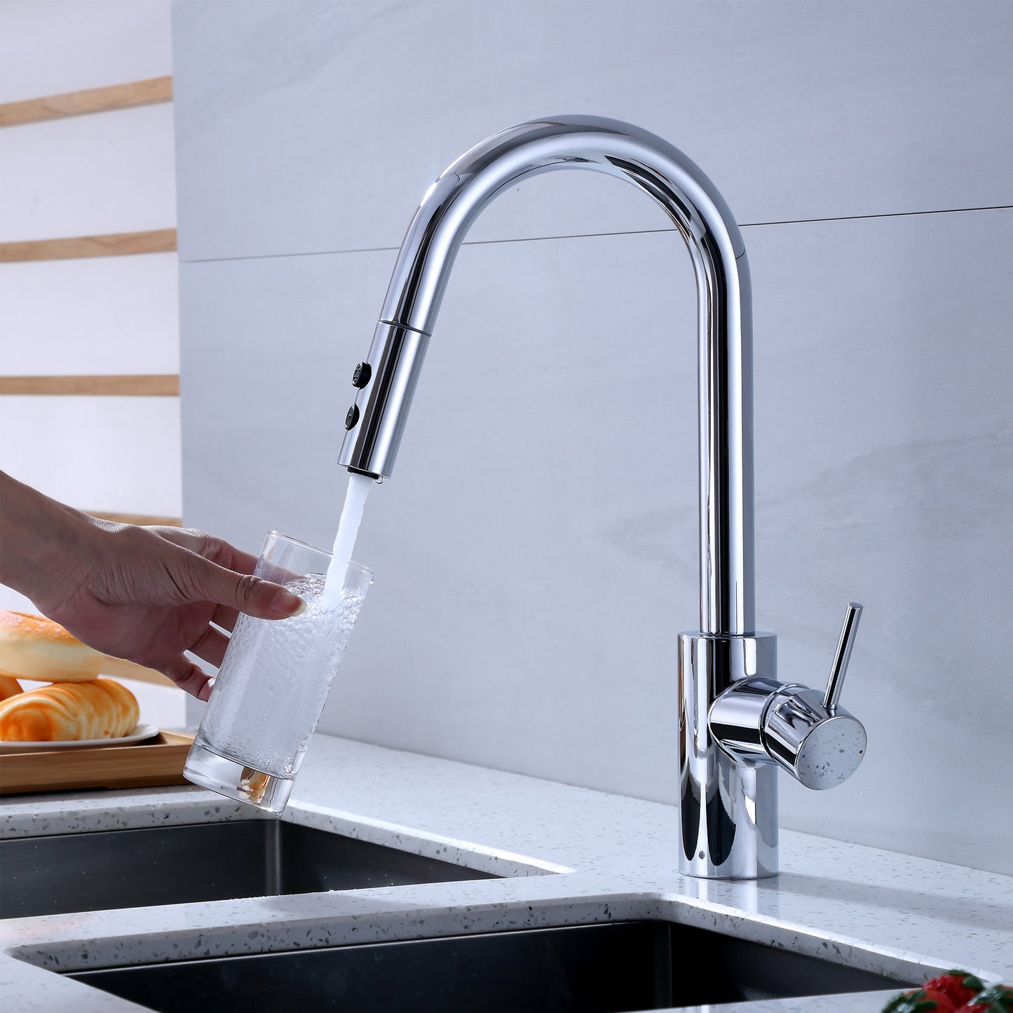 KTS21-TC Single-Handle Pull-Down Sprayer Kitchen Faucet with 2-Function Sprayhead 206 in Chrome