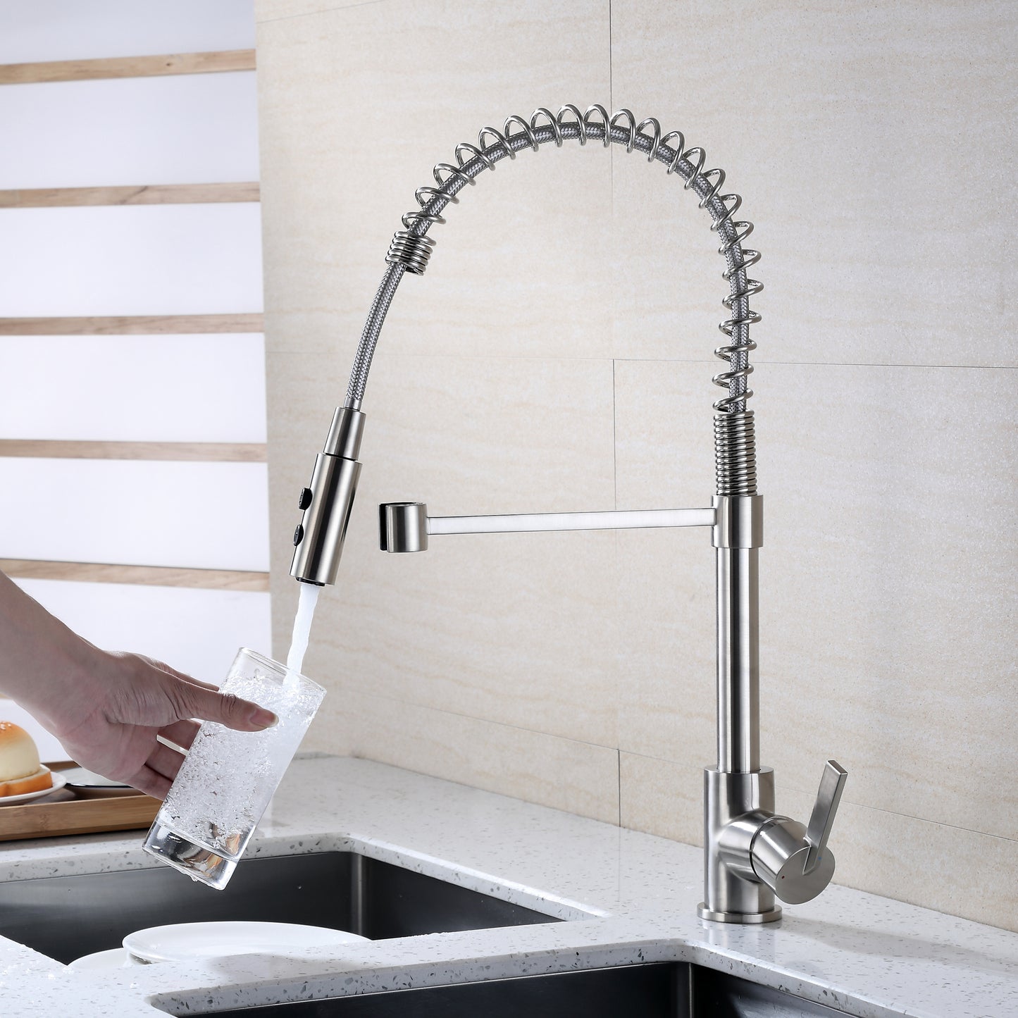 KTS22-TB Single-Handle Pull-Down Sprayer Kitchen Faucet with 2-Function Sprayhead in Brushed Nickel
