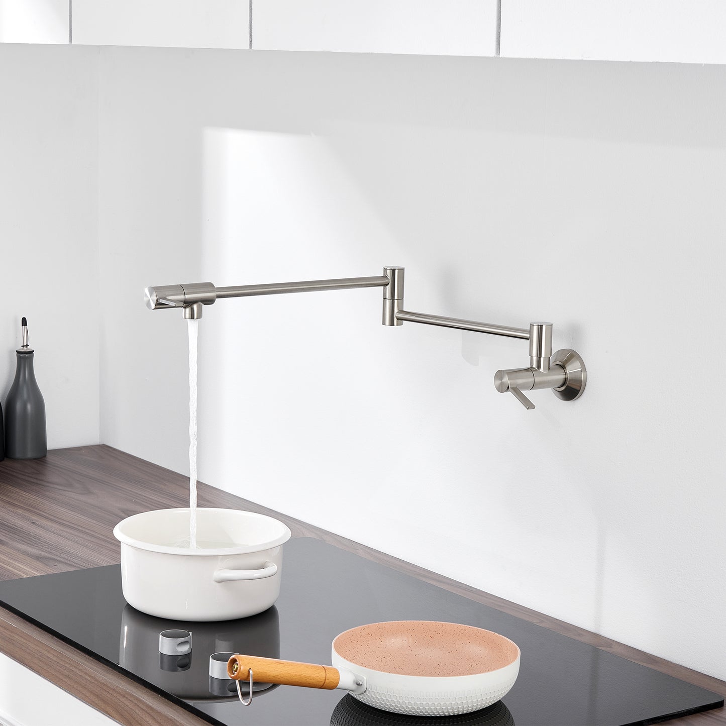 KTS27-TB Contemporary Wall-Mounted Pot Filler with 2 Handles in Brushed Nickel