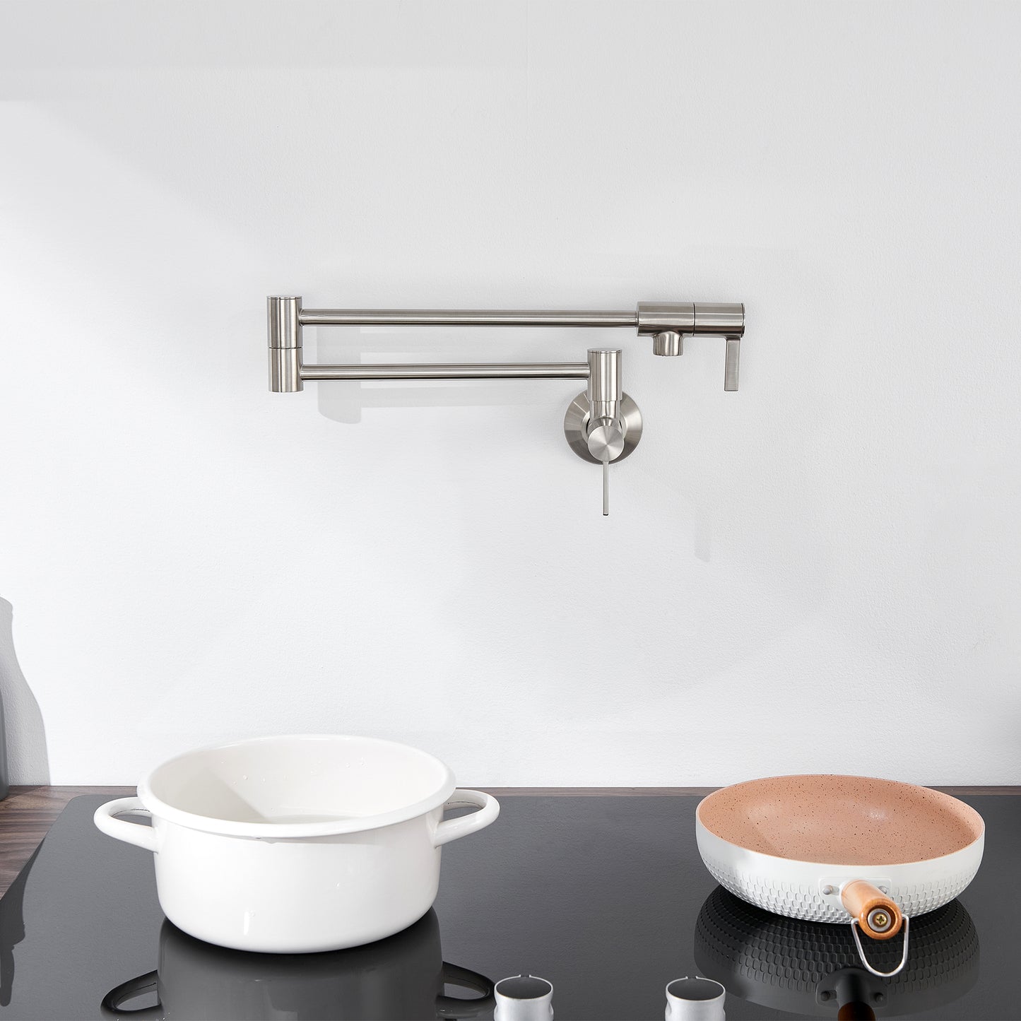 KTS27-TB Contemporary Wall-Mounted Pot Filler with 2 Handles in Brushed Nickel