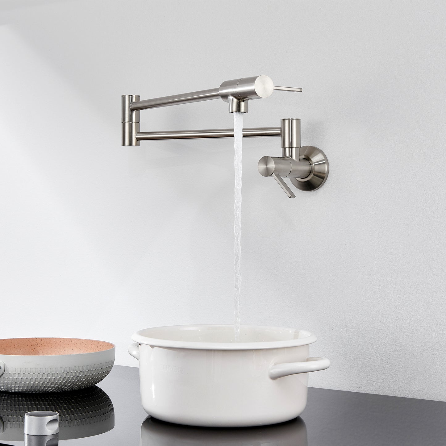KTS27-TB Contemporary Wall-Mounted Pot Filler with 2 Handles in Brushed Nickel